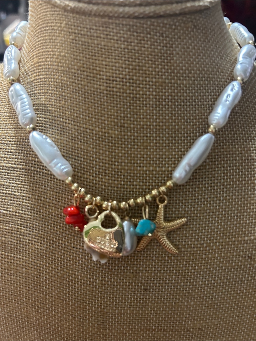 Gold & White Pearl Charm Necklace with Turquoise and Coral Accents - Picture 4 of 7
